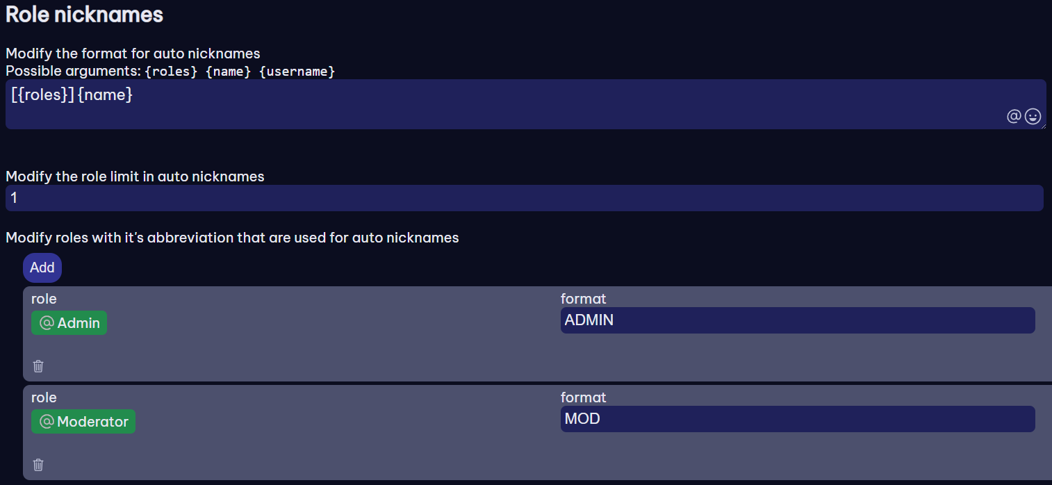 Example setup of the auto nick feature