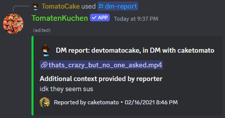 A reported message using the DM report command