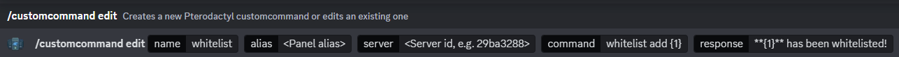 Filled in Discord slash command to create customcommands, in this case to whitelist a player on a Minecraft server