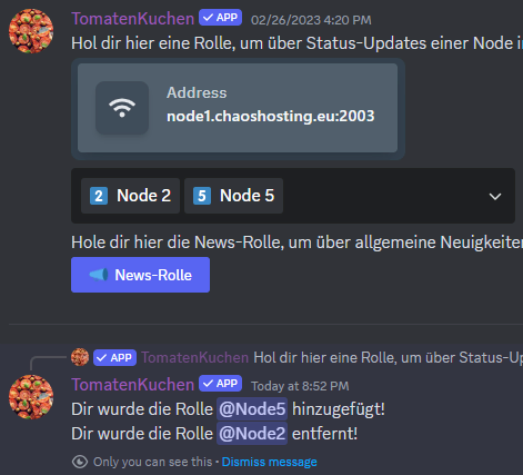 Example usage of button and select roles to choose notification roles