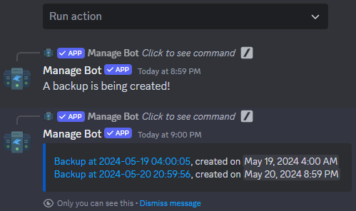 Ausgabe, wenn die Aktion "Ein Backup erstellen" ausgeführt wird