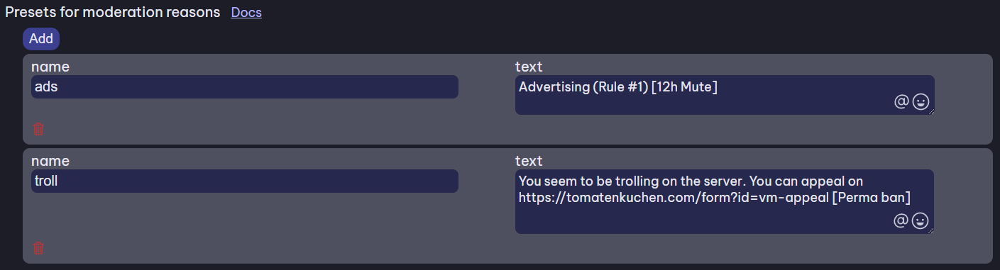 Zwei Beispielvorlagen für Moderationsgründe